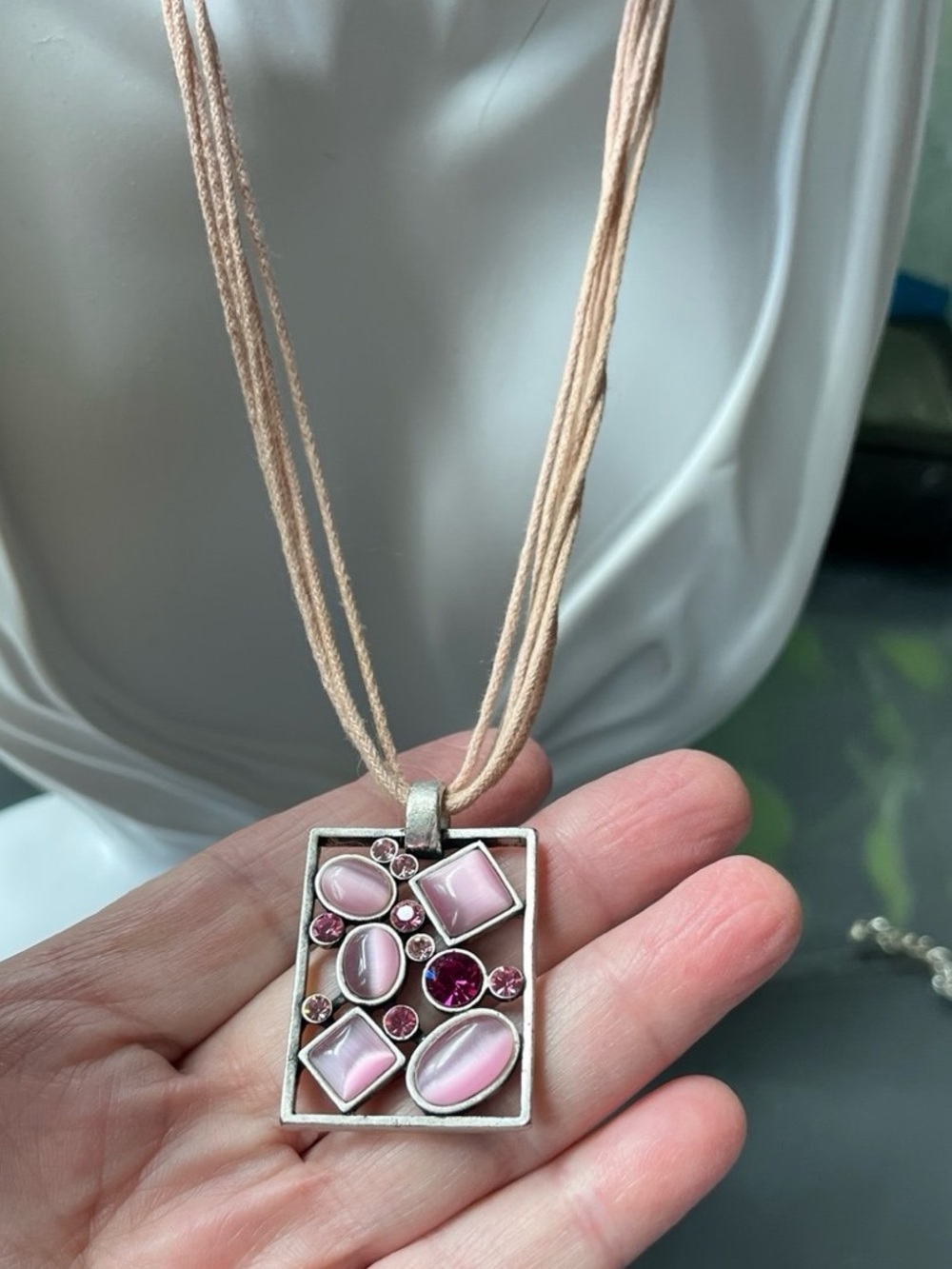 Lia Sophia Pink Pendant 1.5” on natural cording 14” + 4” extender N235